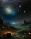 Placeholder: A dark gray galactic nightmare with stars, planets, and asteroids painted by George Inness