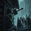 Placeholder: one large hammer breaks the wall of the wooden house. A group of anthropomorphic wolves react in surprise in the background other anthropomorphic wolves watch the scene unfold with expressions of shock and with surprise faces. high realistic, detailed,dark fantasy mood, rain, cinematic