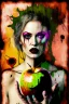 Placeholder: A surreal grunge messy and scratched painting style, eve is holding a rotten apple - not amused, Adam in background,ironic, surreal, abstract and striking