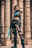 Placeholder: teen woman in retro-futurist cyberpunk costuming with pants leaning to the side with shoulder against a stone pillar of a Egyptian + cyberpunk post apocalyptic building, 2 swords in scabbards at hip