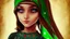 Placeholder: A girl wearing a Palestinian dress with tears in her eyes Her eye color is green Its color is brown Carrying the Palestinian flag