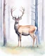 Placeholder: deer with antlers standing sideways, looking at viewer, realistic water color painted, among light colored tall simplified tree trunks, foggy, Easter Spring pastel colors, colorful, dark background