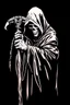 Placeholder: hooded Grim-Reaper gripping a staff with both hands, vignette, black and white graphic novel style with a red outline on black background, extreme distortion and melding of shapes, gothic horror