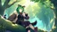 Placeholder: Girl, green hair, raccoon ears, raccoon tail, raccoon face, forest, sit on tree, raccoon paws on hand, paws on foot,coat on neck