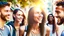 Placeholder: four happy people discussing health and wellness on a street, close up, bokeh