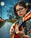 Placeholder: "Midnight Serenade unique" low view angle shot down village road , large close up a beautiful girl wearing eyeglasses and playing the guitar granite terrazzo motifs with puzzle modern clothing is decorated with colorful filigree abstract, Collage chutes papiers magazines,Spirograph background by Nisa Kiley, Textile Artist
