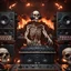 Placeholder: DJ of the damnded, insanely detailed DJ booth in hell, MID set, speakers and equipment made of bone, anatomically correct, add more skulls in th audience, photorealism, vray, 8k 3d