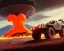 Placeholder: wide angle of Gi joe driving A lunar armored rover with tracks and claw and orange, troops, big Erupting volcano in background, White headlights