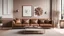 Placeholder: Home interior mock-up with brown leather sofa, table and decor in living room, 3d render