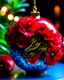 Placeholder: Christmas scene, with a bright blue Christmas ornament with the inscription ((("Alvaro"))) ((("Felíz Navidad"))). The ornament radiates light and stands out brightly among a vibrant arrangement of red poinsettias, clusters of red berries, and pine branches. Warm and welcoming atmosphere, with a background that combines golden and dark tones. The artwork captures the essence of the Christmas season.