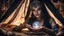 Placeholder: Hyper Realistic photographic-view of Wicked Fortune-teller wearing black-beed-necklace-&-bracelet angrily Looking at her crystal-ball glowing magically & sitting in her tent decorated with fancy-traditional-ornaments-&-feathers showing dramatic & cinematic ambiance"