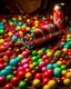Placeholder: An image of several colored soda cans at the bottom of the image, with M&M chocolates spilling out of them, and the space is filled with color and chocolate chips in a soda-like atmosphere and happy, beautiful colors.