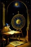 Placeholder: 59. astrologer draws a star map, antique interior, baroque, night, moon is shining, planets