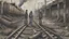 Placeholder: A realistic charcoal sketch of abandoned train tracks cutting through a post-apocalyptic urban landscape with a group of three diverse figures: a Hispanic male, an Asian female, and a Middle-Eastern male, scavenging for supplies among the broken buildings., pastel, soft tones, dramatic dutch light