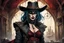 Placeholder: highly detailed concept illustration of an alternate reality Wild West female vampire anti heroine bounty hunter in an abandoned saloon ,maximalist, sharp focus, finely detailed facial features, highest resolution, in the styles of Alex Pardee, Denis Forkas , and Masahiro Ito, boldly inked, 8k, coarse, gritty textures