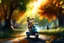 Placeholder: Cute little happy cat scarecrow riding a trike, forest path background, autumn, leaves swirling, waterfall, reflection, mist, sunrise, smooth intricate photorealistic hyperrealistic high definition beautiful lighting pencil sketch watercolor dramatic lighting storybook illustration polished Deep shadows deep color warm light