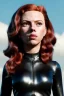 Placeholder: retro portrait image from 1960, sky background, wind, long red hair, fighting stance, sweet young Scarlett Johansson, black dress, classic tight lycra black suit, weapon, gold bracelet and belt, high heel boots, soft color, highly detailed, unreal engine 5, ray tracing, RTX, lumen lighting, ultra detail, volumetric lighting, 3d, finely drawn, high definition, high resolution.