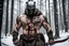 Placeholder: A strong man standing in cold windy snowy forest, shirtless, body scars, bloody, bear paws scars on chest, wearing a knight helmet face covered, carrying an axe