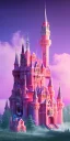 Placeholder: Ice cube shaped castle. pink houses, pink sky, pink smoke, trees, outdoors. street.