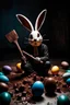 Placeholder: horror figure in rabbit mask sitting on the floor and shatters chocolate eggs with a big hammer, crepy, volumetric light, dark colors, surreal dark mood, cinematic