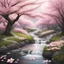 Placeholder: A serene cherry blossom park in full bloom with petals gently falling into a meandering stream.