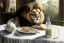 Placeholder: Lion sitting at a table. A staple of garlic bulbs on the table. Package of milk. Highly detailed, smooth colours, realistic landscape. Aquarell