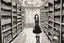 Placeholder: full-height shot of a young witch in a tight black short skirt, inside a large magic shop, shelving, bottles, windows