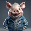 Placeholder: A north pole pig wearing a jean jacket with smile face, realistic render