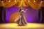 Placeholder: modern stage with gray-dark yellow blueish violet theme artistic decoration , color full dynamic lighting, a beautiful lady in maxi dress with shining silver jewels ,curvy long hair,dancing, 3D recursive fractal structure animating background