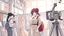 Placeholder: Draw A giant beautifu fashion model lady With Some anime very little workers.The workers are working on gian lady to prepare she for her show
