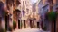 Placeholder: please create an image of the narrow streets of the city of fes in the manner of impressionism add people with traditional clothes