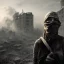 Placeholder: women, faces covered in black masks, ragged clothes, holding flag, war-torn, destroyed city in the background, 8k resolution, hyperrealistic, detailed matte painting, b&w, dynamic lighting, war, anarchy, terrorists