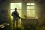 Placeholder: soldier in kitchen,overgrown, sundown, volumetric lighting through window, abadoned,post apocalyptic, rundown, realistic, unity engine, bloom,cinematic lighting,blue tone, octane render.