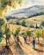 Placeholder: A sunlit vineyard with workers harvesting grapes against a backdrop of rolling hills. Watercolor, Post-Impressionism. Created in the style of Isabella Marconi.