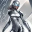 Placeholder: Avowall, a female vigilante, clad in a sleek, silver exosuit with a reflective surface. The suit conceals her identity and features intricate designs and advanced technology, including energy shields and enhanced strength. Avowall stands heroically in a dynamic pose, ready to protect her daughter and confront threats to mutant safety. Marvel comics style., Marvel comics style."