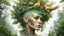 Placeholder: white background, punk 45 years old, forest on head, plant hair, green plants, golden birds, golden makeup, tattoo, shiny aura, very detailed, fine rendering, high detail, high resolution, 8K