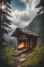 Placeholder: A beautiful hut with a fire for cooking and partly cloudy and cloudy weather on top of a forested mountain.