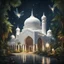 Placeholder: Hyper Realistic white clothed Mosque with fireflies at night with jungle animals