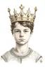 Placeholder: Draw for me a twelve-year-old boy with a crown on his head. He has dazzling beauty and dark eyes. He has unruly hair and the picture is in a realistic style with a white background. Draw his whole body from head to toe