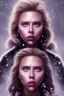 Placeholder: portrait Scarlett Johansson warrior with big bobs black hairs violet Christmas top in the snow and fire