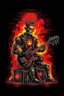 Placeholder: A robot terminator with a red punk crest playing bass, black background, flames all around him.