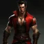 Placeholder: Un homme séduisant et athlétique, habillé en corsaire. Il ne porte qu'un pantalon près du corps en cuir rouge. Ses bras sont entièrement nus, dépourvus de tout vêtement, révélant des épaules musclées et bien définies. il a les cheveux tres court et noir. il porte une un veste sans manche en cuir rouge avec design noir