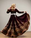 Placeholder: Long shot of an Azeri woman dancing in a traditional “Arkhalig” velvet jacket and a long, flowing “Tuman” skirt embroidered with gold “Buta” patterns. She wears a “Gümüş Kemer” (silver belt) and a “Ruband” silk headscarf held by a gold “Tiara.” Her hands are performing “Şana” (comb-like) finger movements. She spins slowly, the heavy fabric of her dress billowing outward in a controlled, elegant circle.