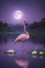 Placeholder: A purple colour flamingo , in a lake , with white flowers , and the moon in the background , high quality, beautiful scene and 8k ,