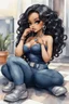 Placeholder: Create a futurism magna watercolor pain art of a black chibi curvy female sitting on the floor looking at herself in a hand mirror. She is wearing tight blue jeans and a black off the shoulder blouse. Prominent make up with lush lashes. Highly detailed long wavy hair. She is also wearing silver large hoop earringsart of a black chibi curvy female sitting on the floor looking at her cell phone. She is wearing tight blue jeans and a black off the shoulder blouse. Prominent make up with lush lashes