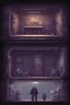 Placeholder: 2d pixel art dark environement, old human underground military bunker, use for experimentation, laboratory. platform video game