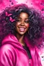 Placeholder: vibrant watercolor painting image, airbrush, 48k, cartoon art image of a black curvy female looking to the side smiling with a large mane of curly ombre hair flowing through the wind while she has a hot pink hoodie on, prominent makeup with hazel eyes, highly detailed hair, background hot pink and BLACK BUTTERFLIES surrounding her, dystopian charcoal