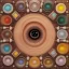 Placeholder: Wood, pastel colors, crepusculare, monde, stone cold, spirale, eye olive, brown, yelow, white, red, cubes, cups, abstract art,creme,star