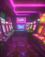 Placeholder: A dark photo of the corners of an 80's aesthetics arcade at night, with a lot of functioning arcade machines, a vaporwave floor and some colorful tiles in between the floor. Purple aesthetics. There are some pizza boxes over some of the arcade machines. The wall has a ticket shop who sells plushies, food and laser tag guns