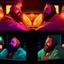 Placeholder: comicbook 2 panels, a fat, bearded man (watching tv:1.8),,comic book panels, multiple angles, a mixture of lighting and color palettes.